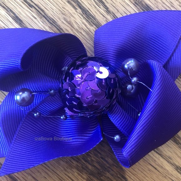 Regal Purple 4" Split Tail Boutique Bow wsequin Center HANDCRAFTED -kids- - Picture 3 of 3